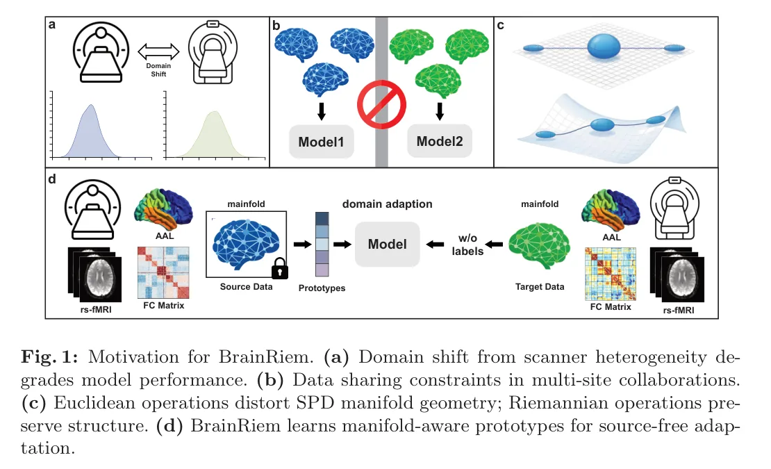 图 1：BrainRiem 的动机。(a) 扫描仪异构造成域偏移；(b) 多中心不能共享原始数据；(c) 欧氏运算扭曲 SPD 几何，黎曼运算保住结构；(d) 用流形上的原型做源自由适配。图源：Zhang and Xu, Figure 1, arXiv 2606.29200