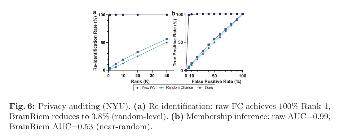 图 6：NYU（N=184）隐私审计。(a) 重识别：原始 FC Rank-1=100%，BrainRiem=3.8%；(b) 成员推断：原始 AUC=0.99，BrainRiem=0.53。图源：Zhang and Xu, Figure 6, arXiv 2606.29200