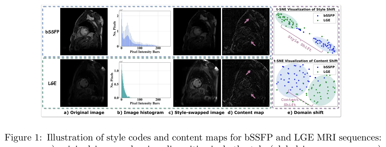 图 1：bSSFP 与 LGE 序列的风格码与内容图。图源：Shen et al., Figure 1, PMLR 2025