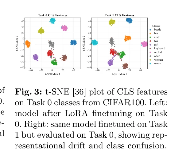 图 2：Task 0 类别 CLS 特征 t-SNE。左：LoRA 微调 Task 0 后；右：继续微调 Task 1 后，旧类簇位移并混杂