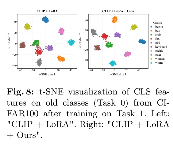 图 6：旧类 CLS 特征 t-SNE。左：LoRA 基线簇纠缠；右：+VAST 紧凑且分离良好